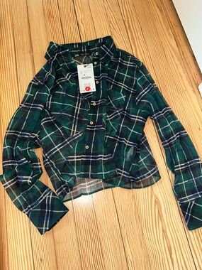 Zara Green & Blue Plaid Button-down sheer top